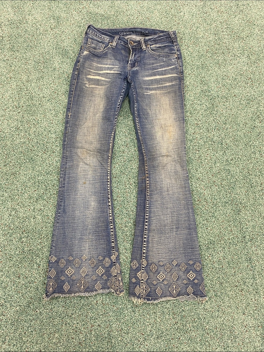 Cowgirl Tuff Embroidered Blue Denim Flare Jeans